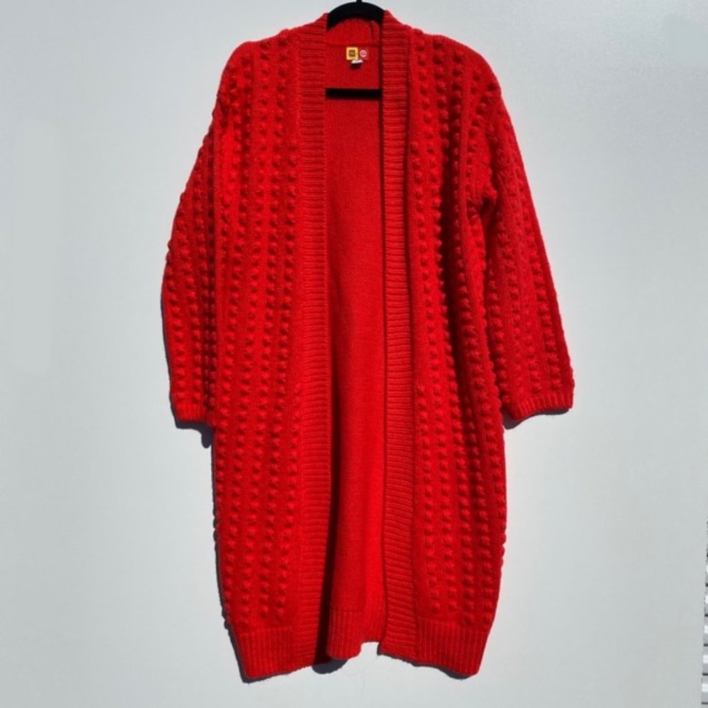 Red Open-Front Chunky Knit Women's Sweater Cardigan